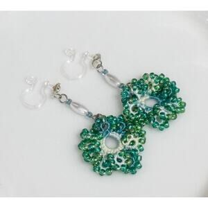New Green Floral Beaded Clip-On Earrings, Handmade Dangle Earrings, Non-Pierced